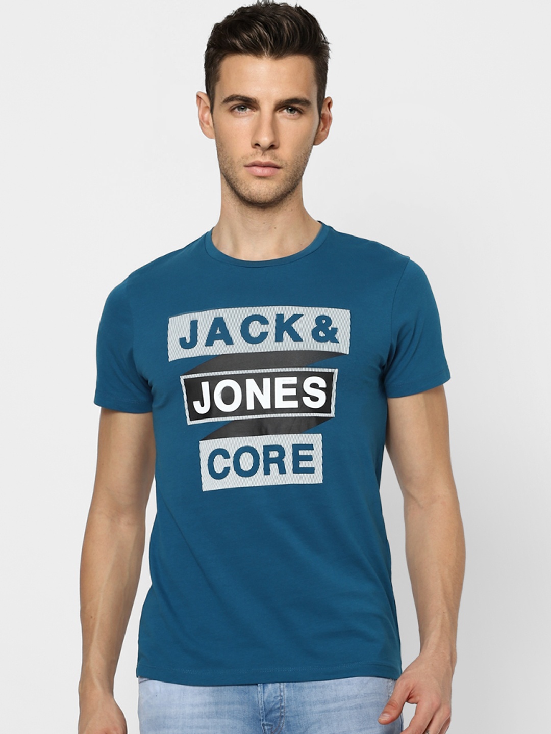 

Jack Jones Men Teal Blue Brand Logo Printed Slim Fit Pure Cotton T-shirt