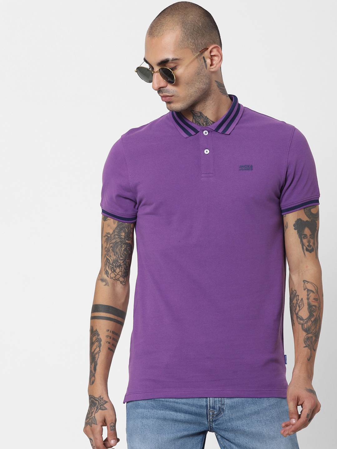 

Jack Jones Men Purple Polo Collar Pure Cotton T-shirt