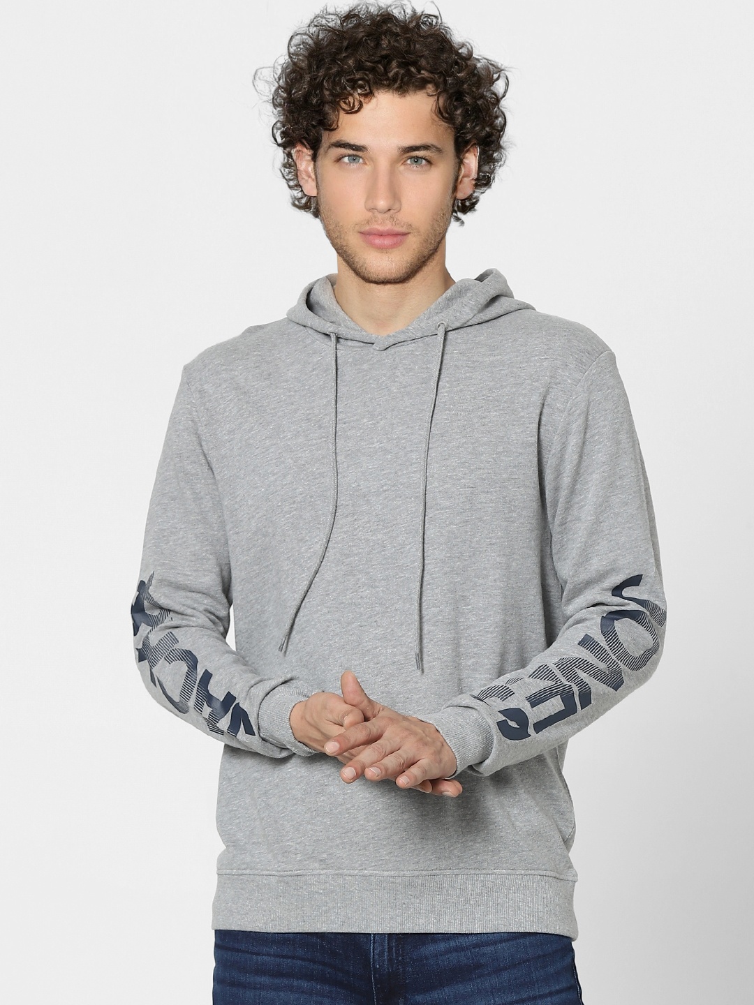 

Jack & Jones Men Grey Melange Hooded Sweatshirt With Printed Detailing