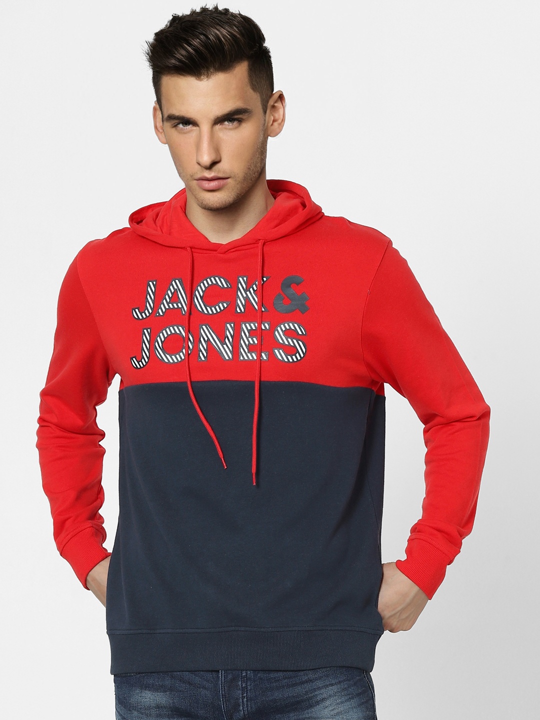 

Jack & Jones Men Red Colourblocked Hooded Sweatshirt With Printed Detailing