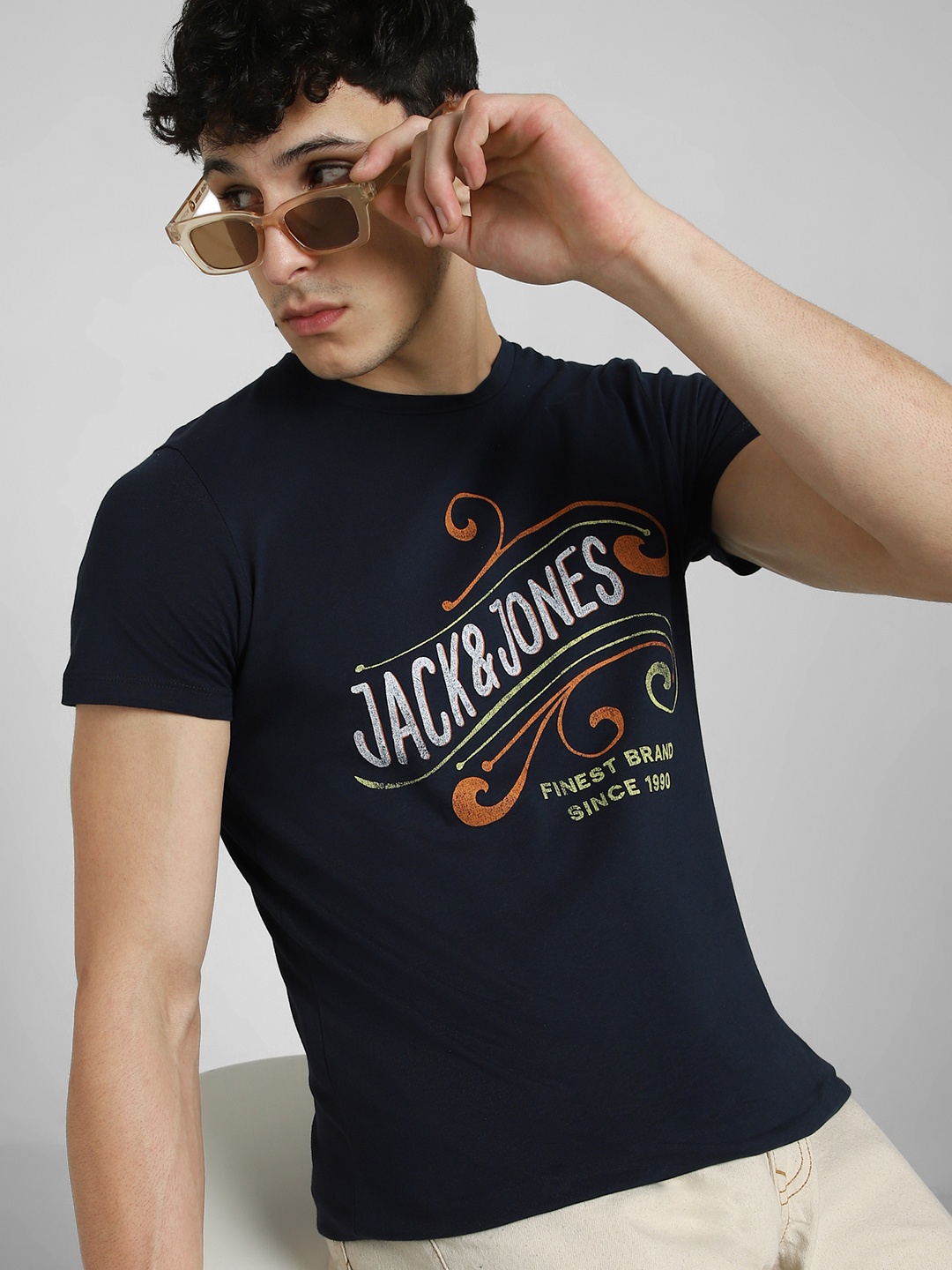 Jack Jones Men Navy Blue Brand Logo Printed Slim Fit Pure Cotton T-shirt