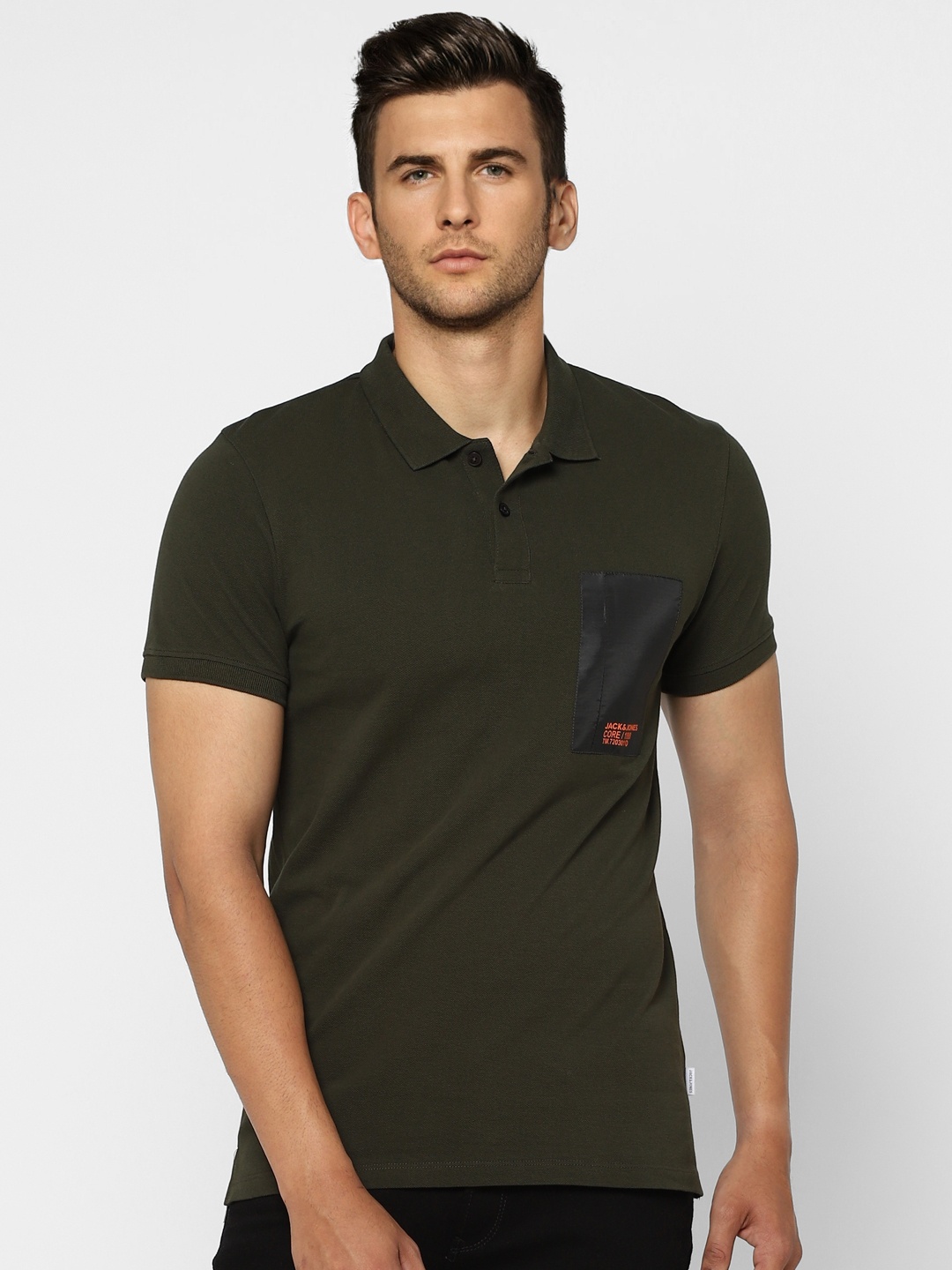 

Jack Jones Men Olive Green Orange Printed Polo Collar Slim Fit Pure Cotton T-shirt