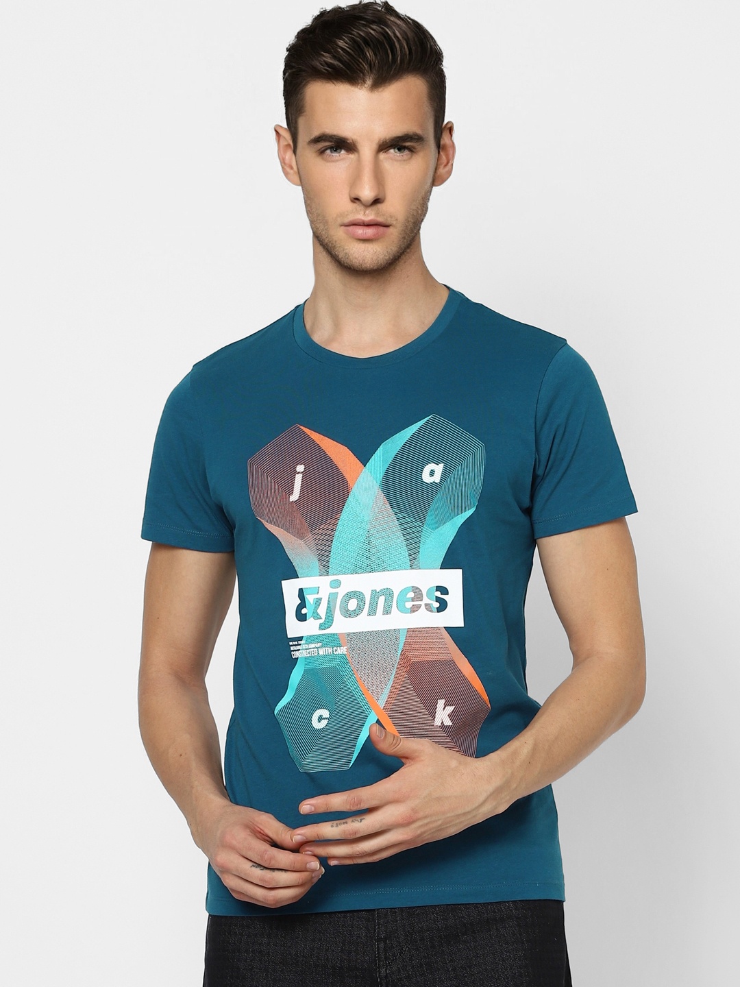 

Jack & Jones Men Teal Blue Typography Printed Slim Fit T-shirt