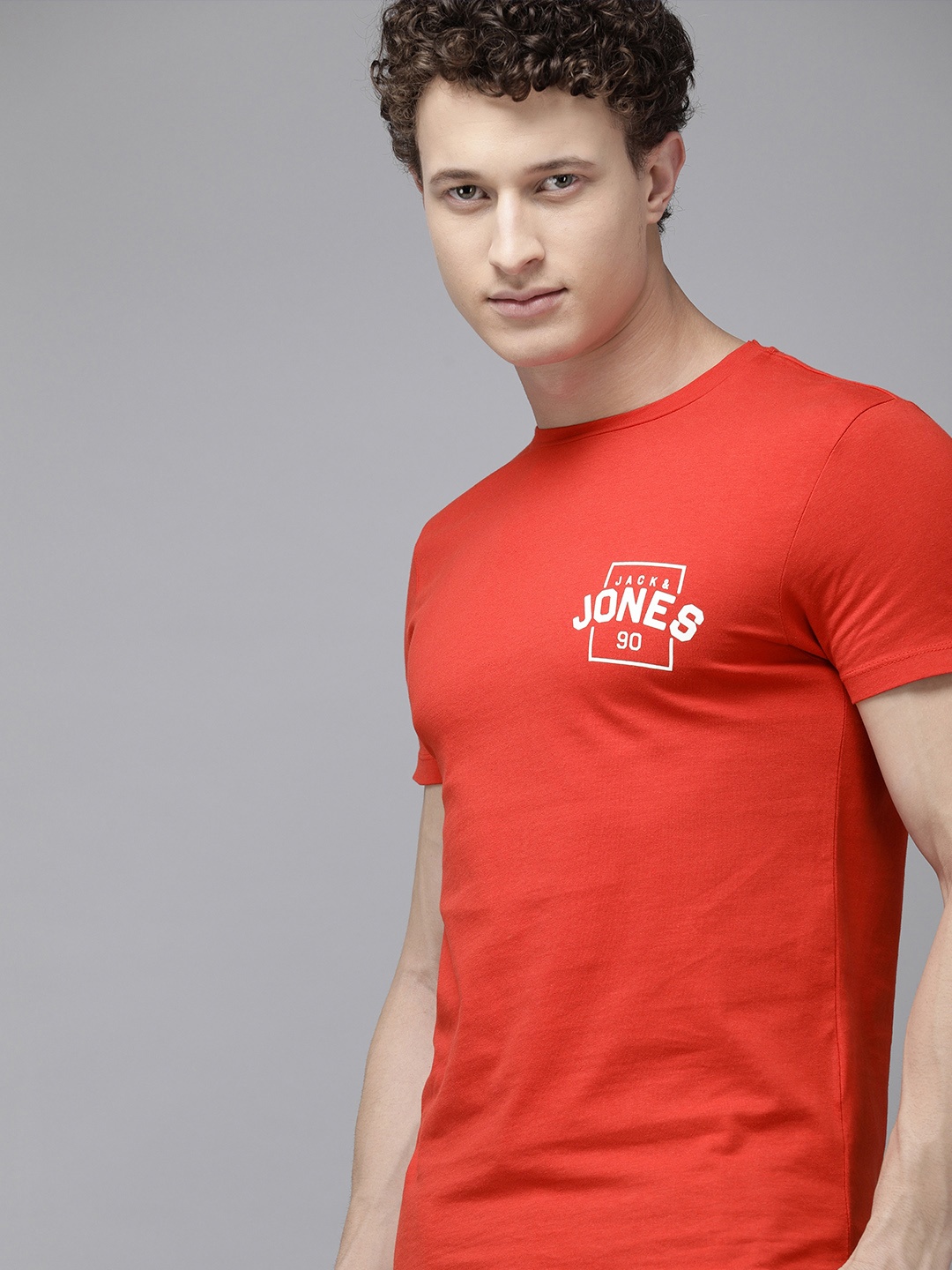 

Jack Jones Men Red Typography Printed Slim Fit Pure Cotton T-shirt