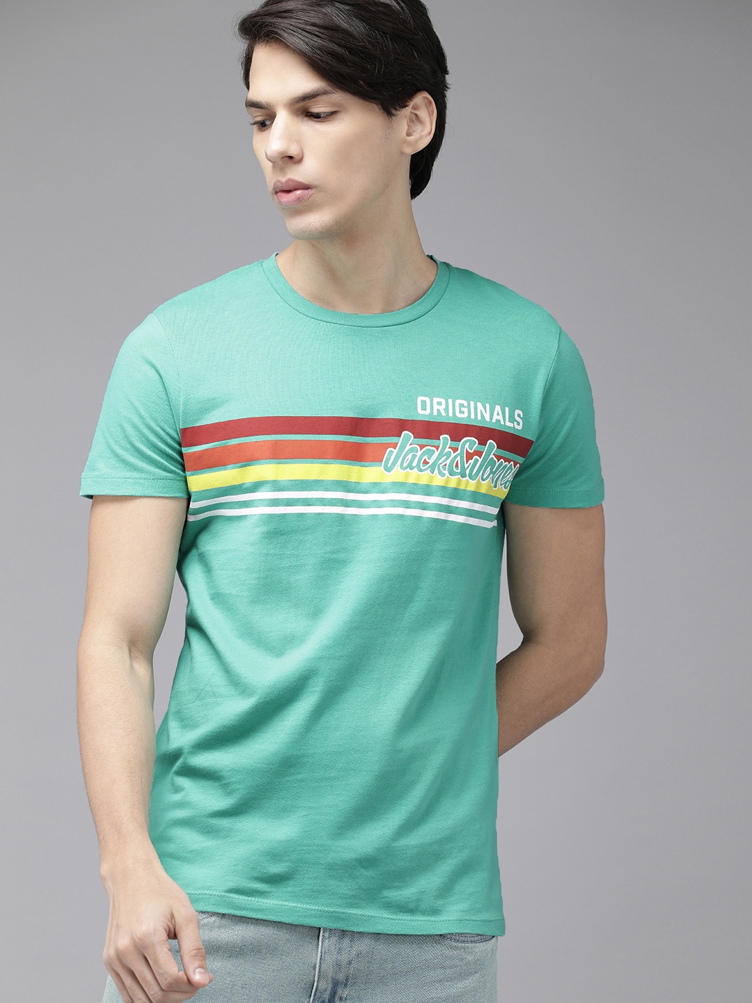 

Jack Jones Men Green Red Striped Slim Fit Pure Cotton T-shirt