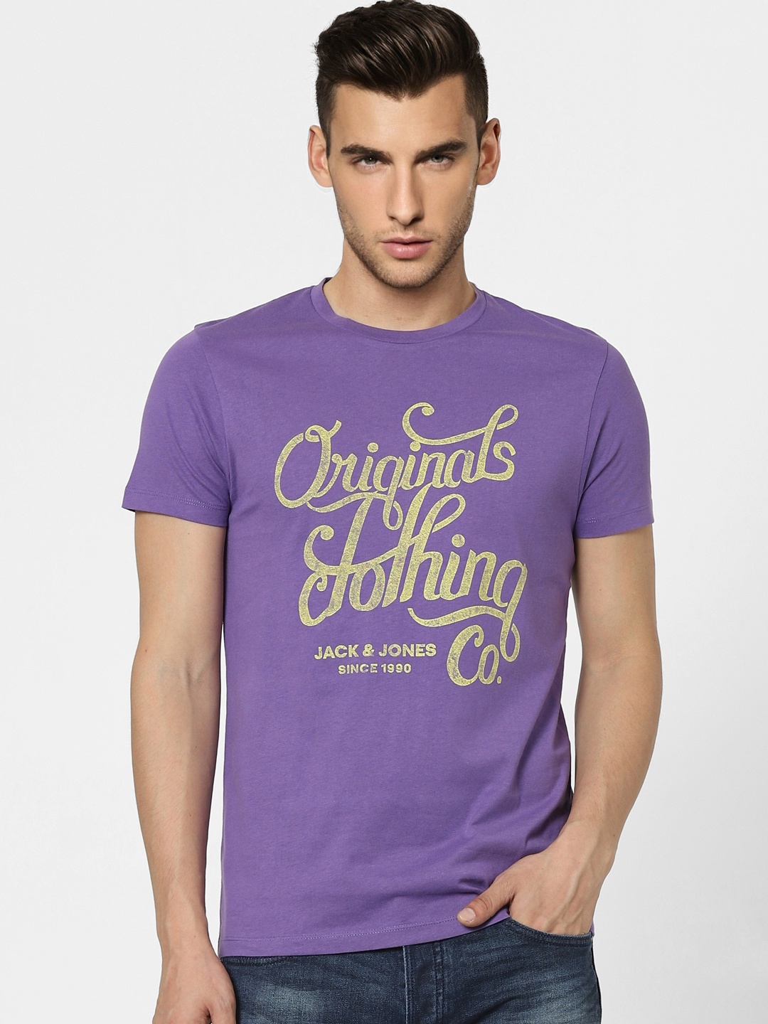 

Jack & Jones Men Purple & Yellow Brand Logo Printed Slim Fit T-shirt