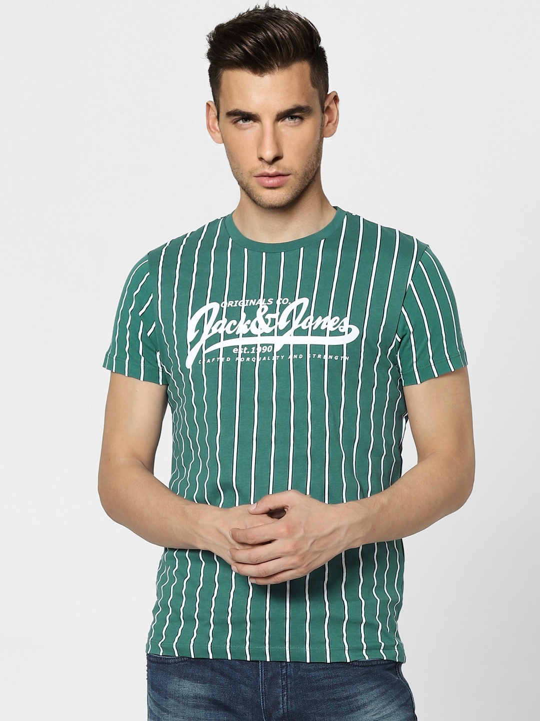 

Jack & Jones Men Green & White Striped Slim Fit Round Neck T-shirt