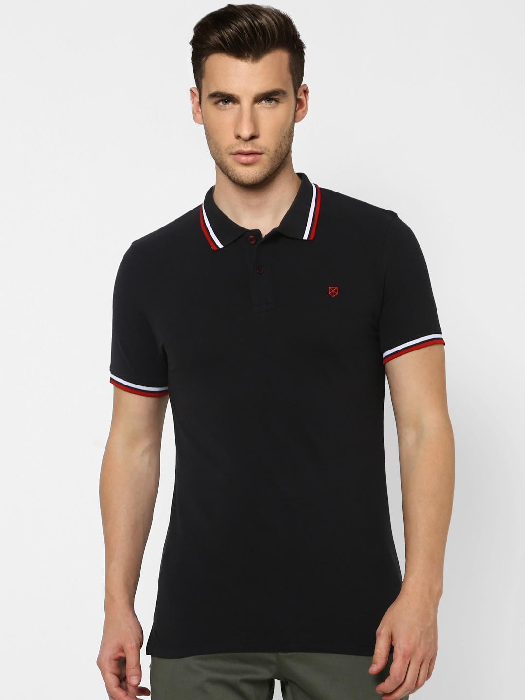 

Jack Jones Men Black Pure Cotton Solid Polo Collar Slim Fit Pure Cotton T-shirt