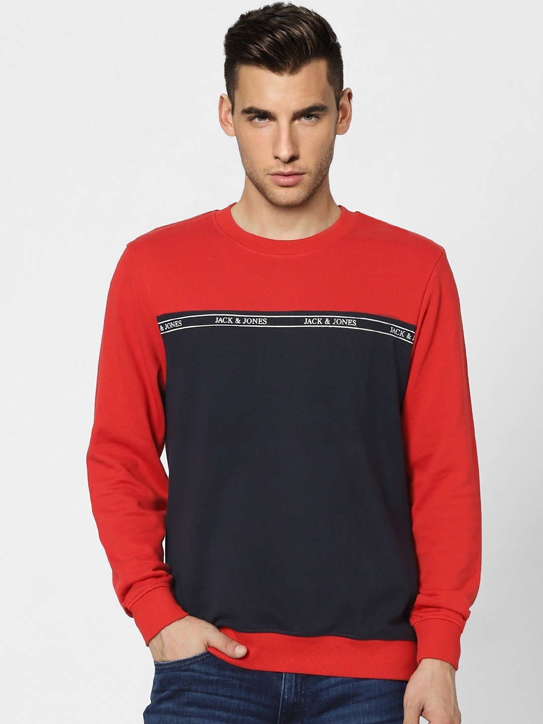 

Jack & Jones Men Red & Navy Blue Colourblocked Pullover Sweatshirt