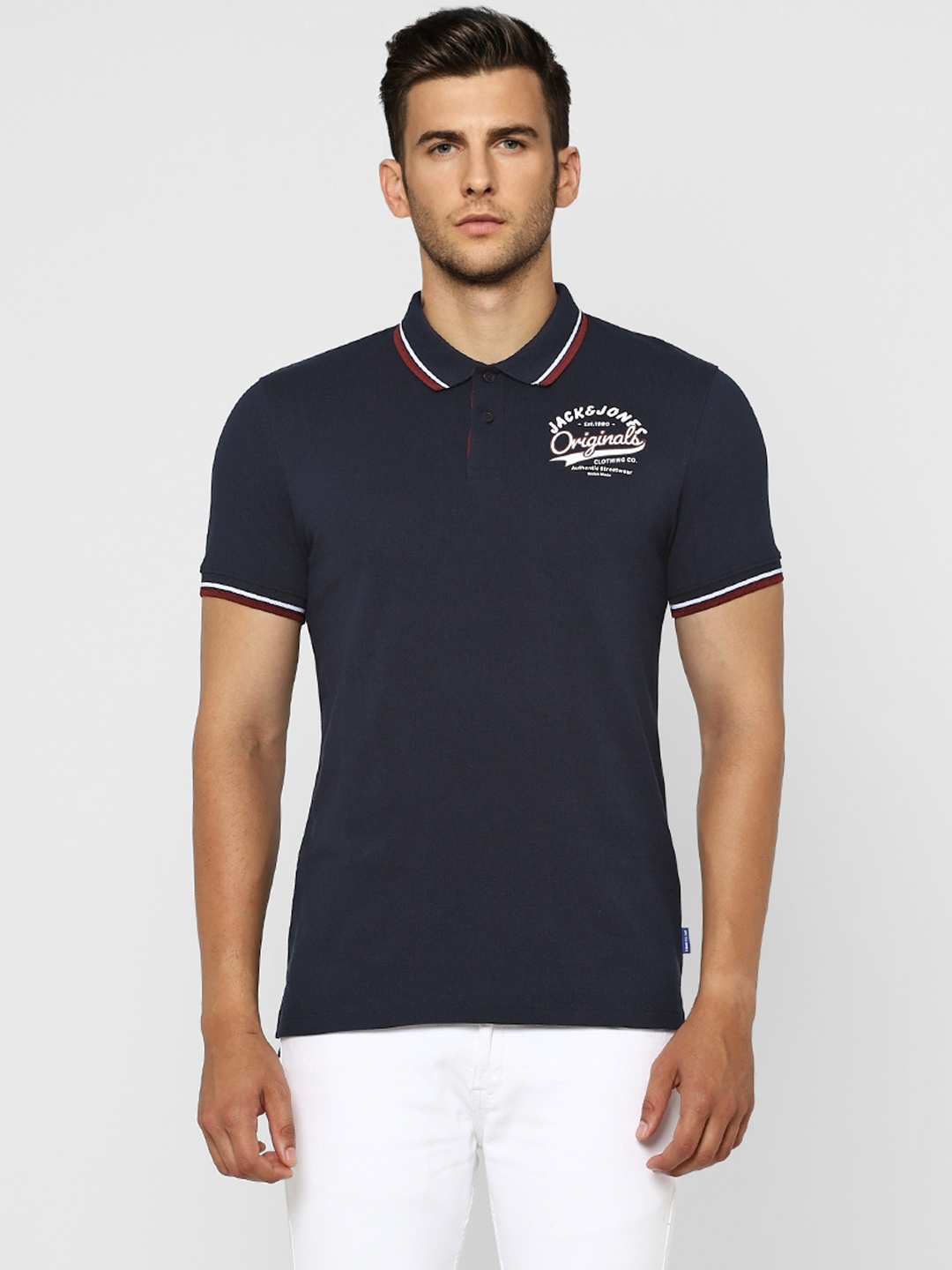 

Jack Jones Men Navy Blue Polo Collar Slim Fit Pure Cotton T-shirt