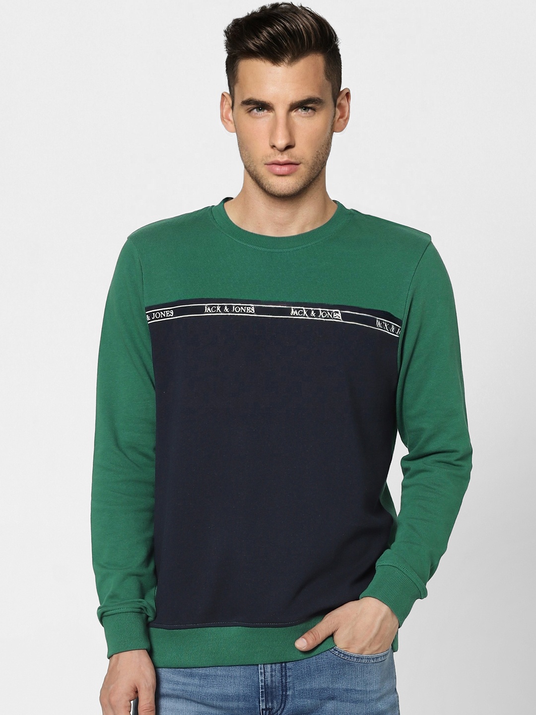 

Jack & Jones Men Green & Navy Blue Colourblocked Pullover Sweatshirt