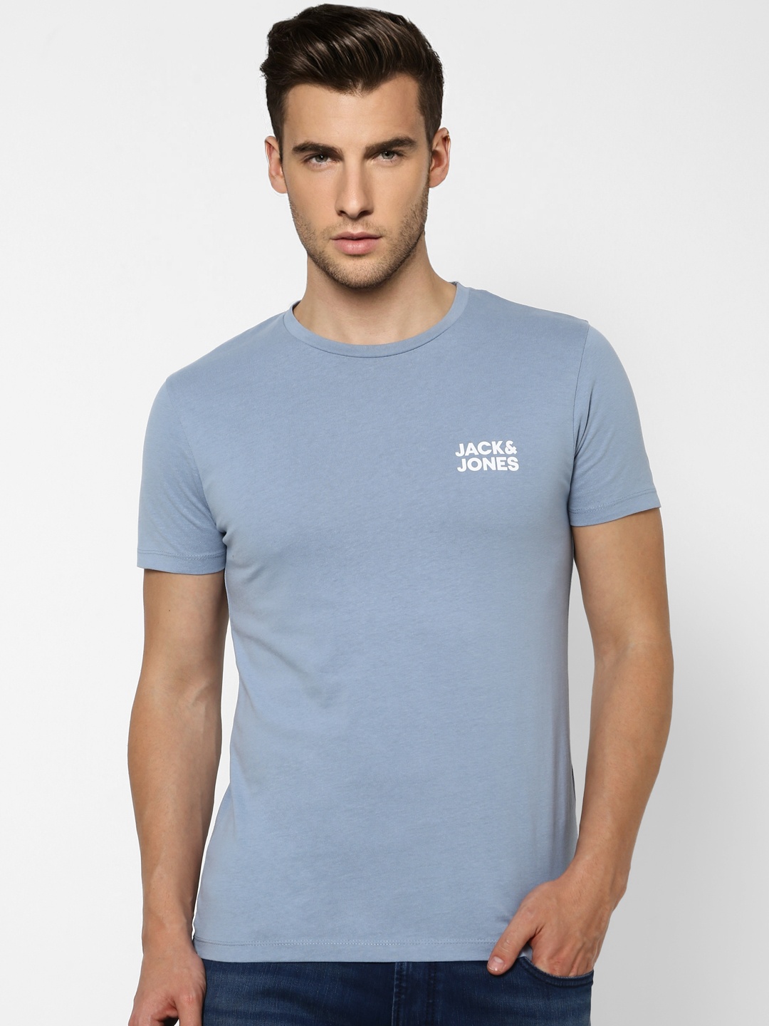 

Jack Jones Men Blue Solid Pure Cotton T-shirt
