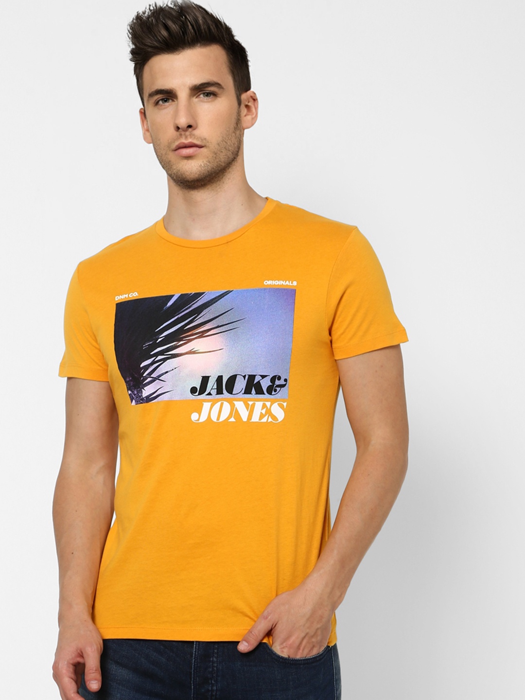 

Jack & Jones Men Mustard Yellow Printed Round Neck T-shirt