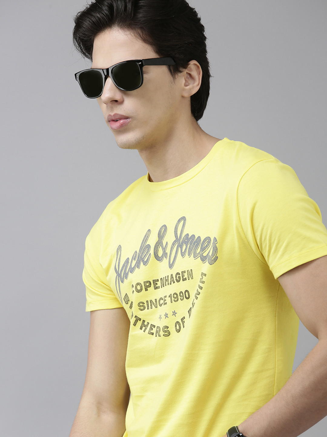 

Jack Jones Men Yellow Typography Printed Slim Fit Pure Cotton T-shirt
