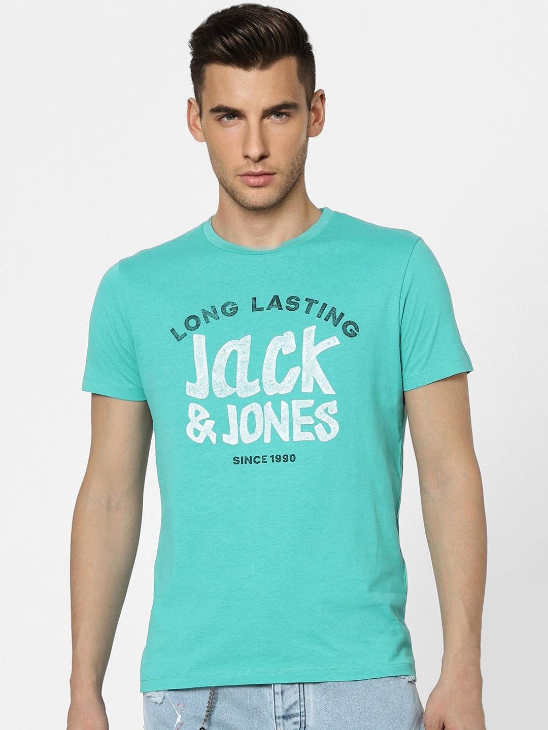 

Jack Jones Men Sea Green Brand Logo Printed Pure Cotton T-shirt