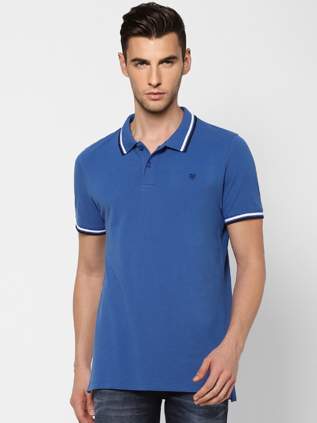 

Jack Jones Men Blue Polo Collar Slim Fit Pure Cotton T-shirt