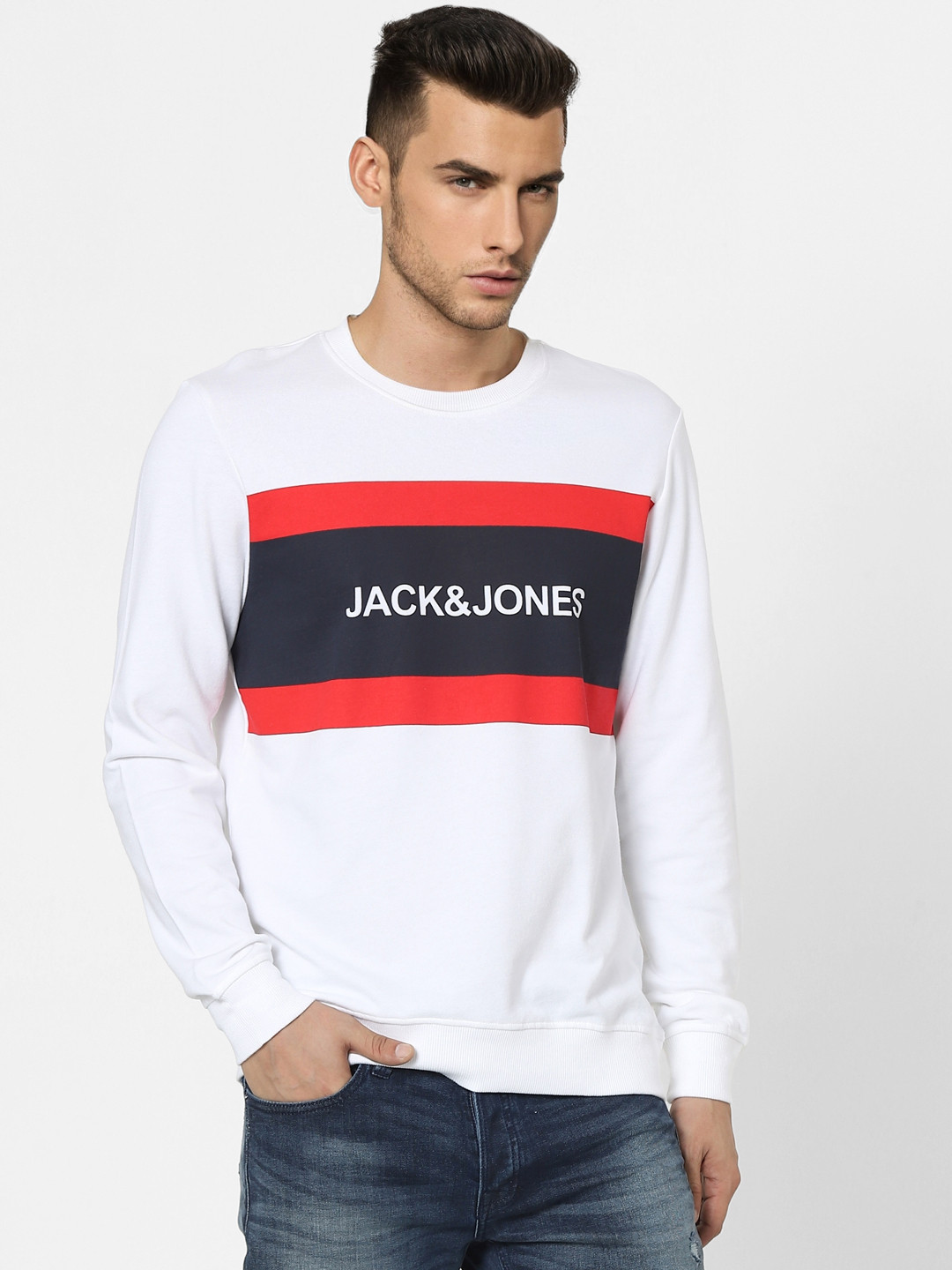

Jack & Jones Men White Colourblocked Sweatshirt With Printed Detailing