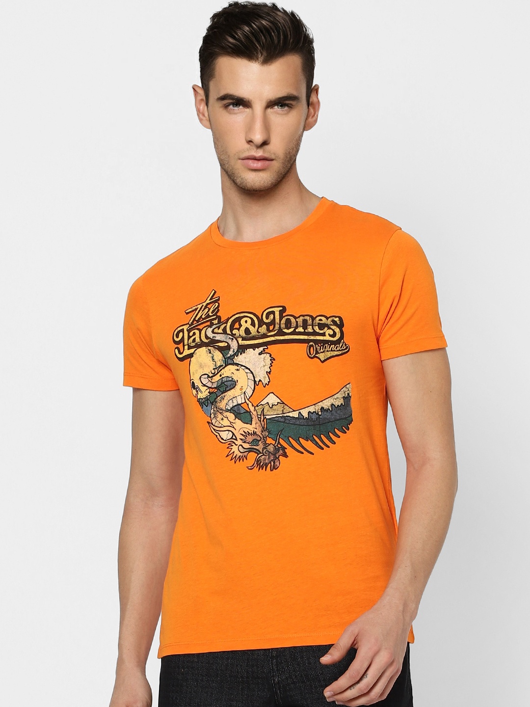 

Jack & Jones Men Orange Printed Slim Fit T-shirt
