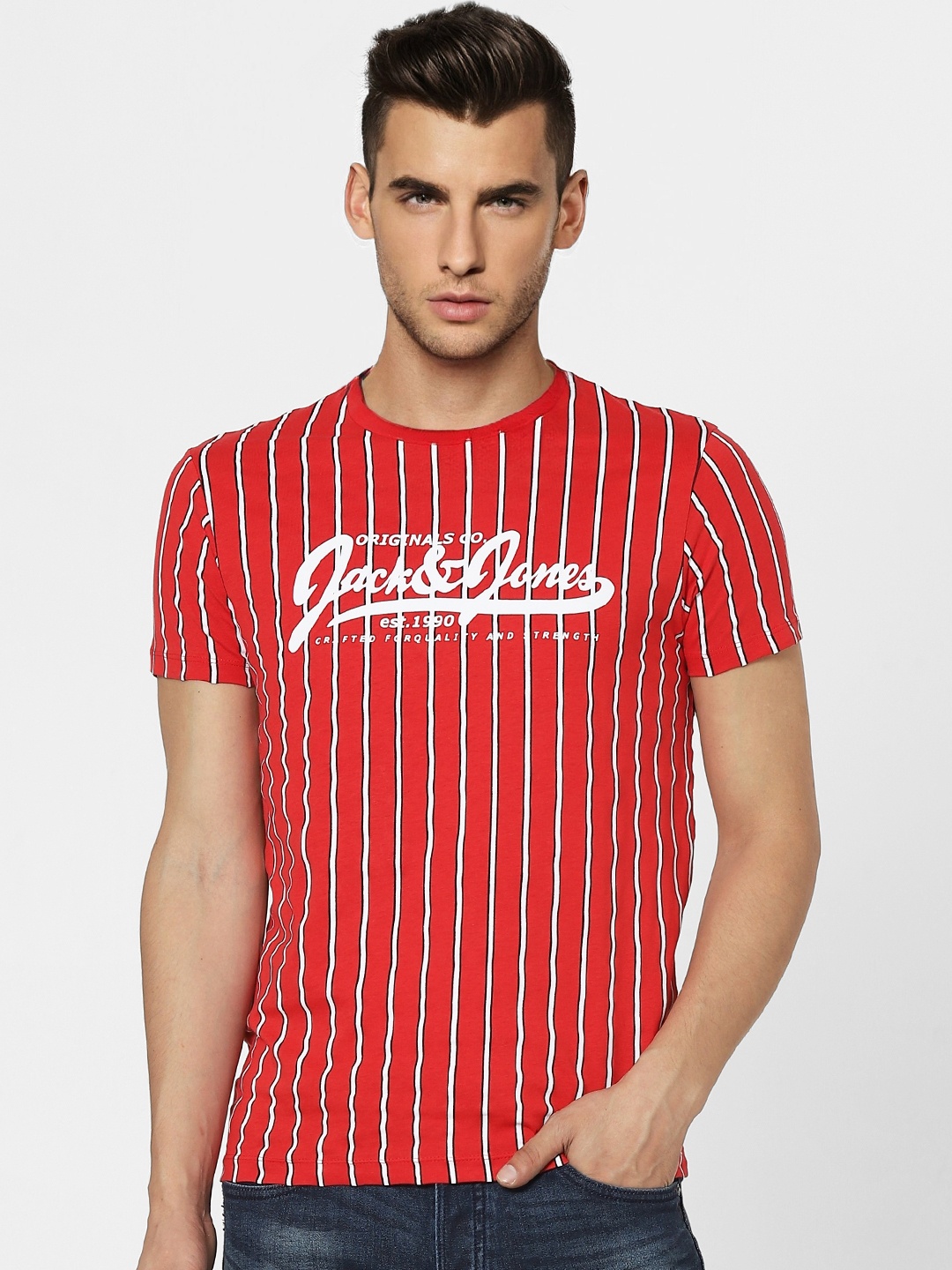 

Jack & Jones Men Red & Off White Striped Slim Fit Round Neck T-shirt