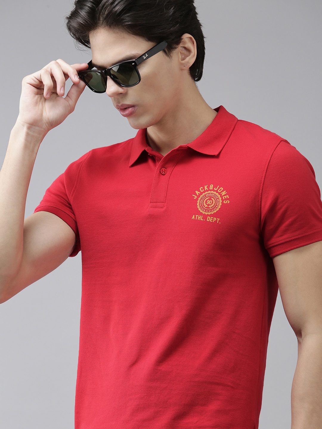 

Jack Jones Men Red Typography Printed Pure Cotton Polo Collar Pure Cotton T-shirt