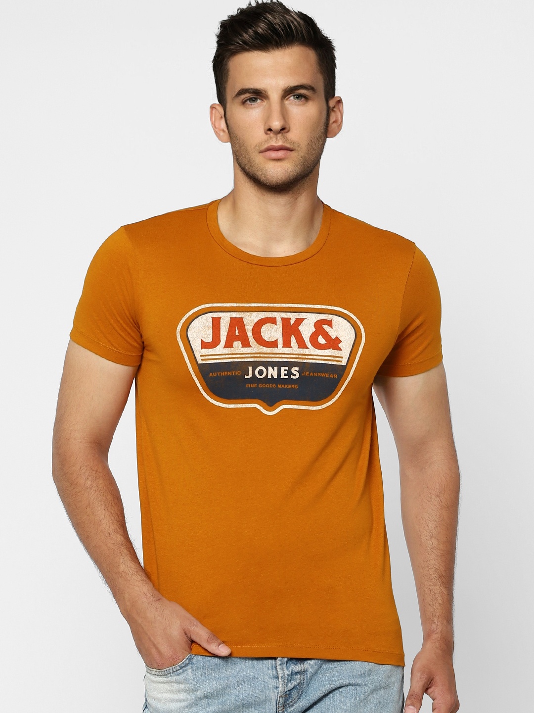 

Jack Jones Men Brown Brand Logo Printed Pure Cotton T-shirt