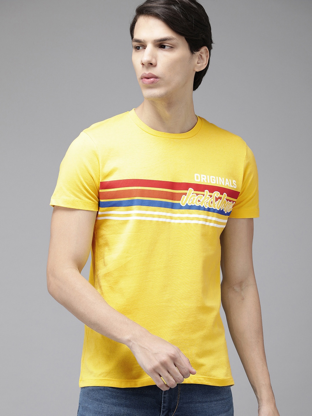 

Jack Jones Men Yellow Red Striped Slim Fit Pure Cotton T-shirt