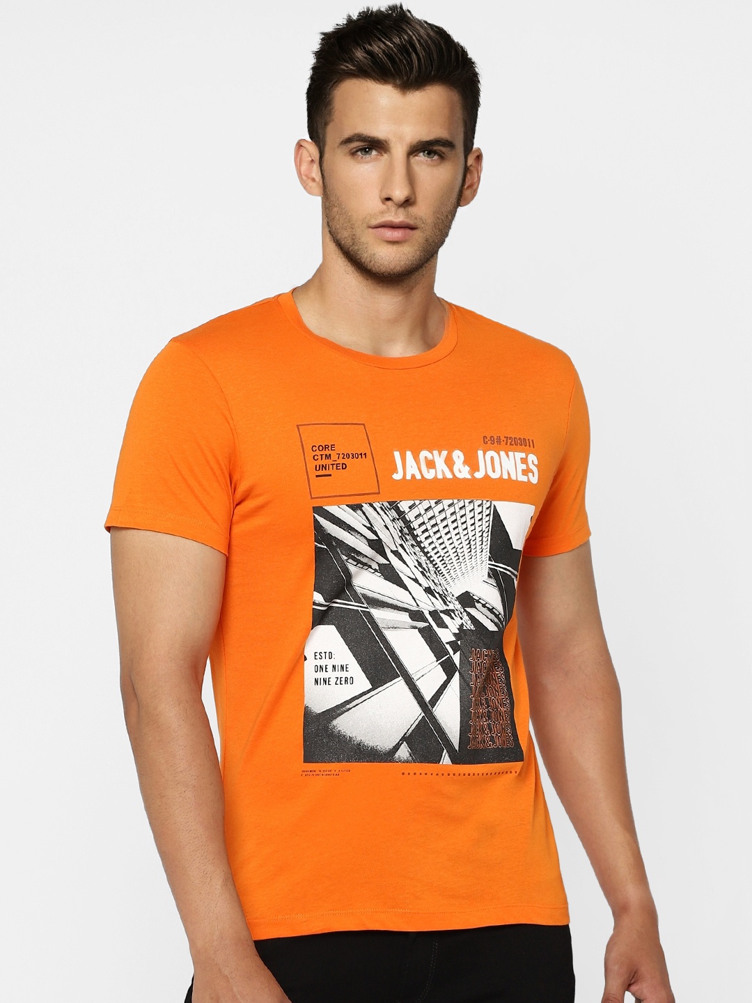 

Jack Jones Men Orange Printed Slim Fit Pure Cotton T-shirt
