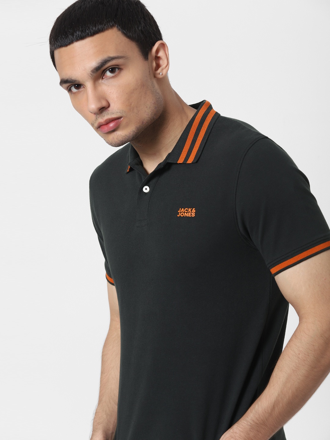 

Jack Jones Men Charcoal Polo Collar Pure Cotton T-shirt