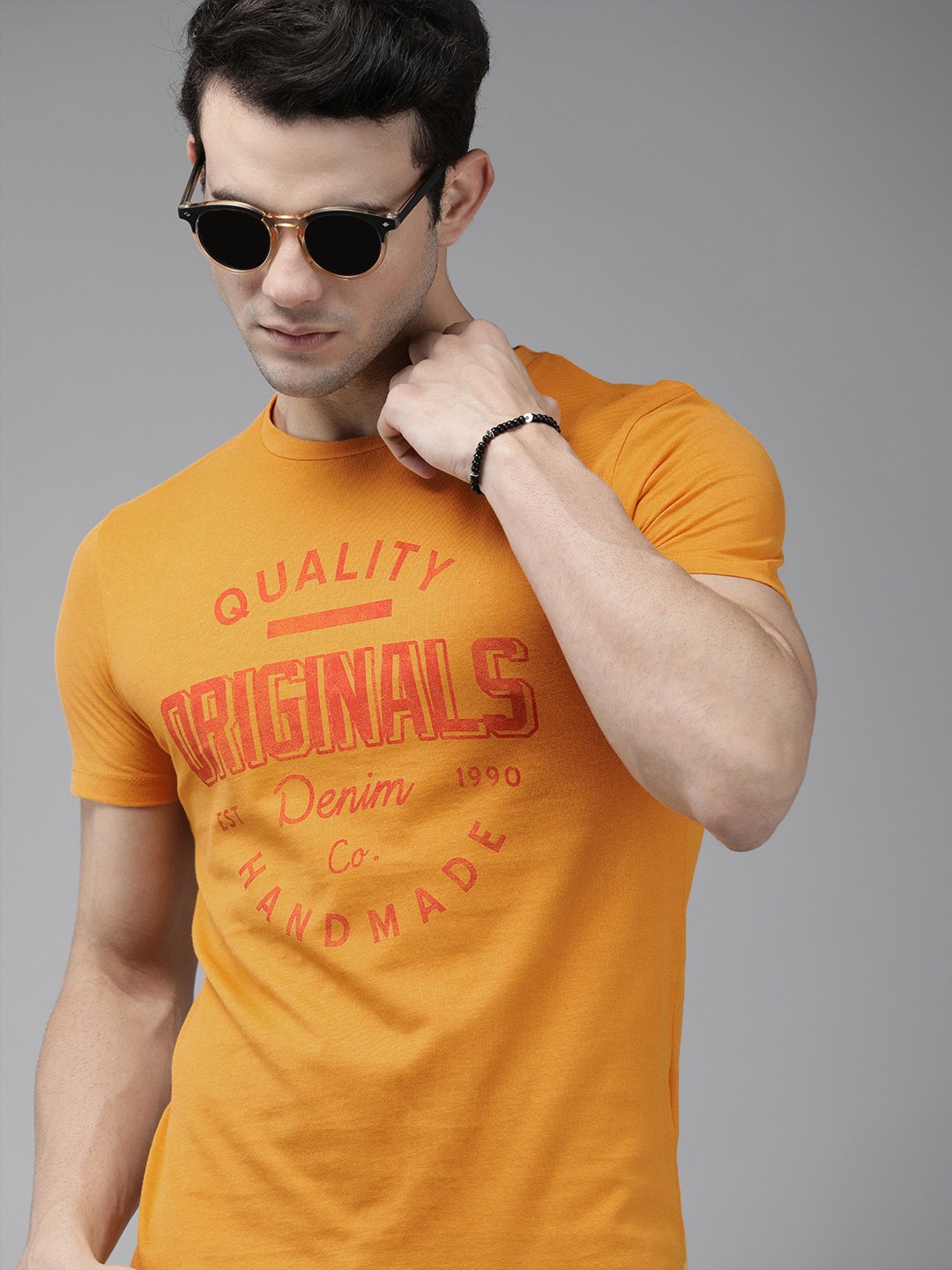 

Jack Jones Men Orange Typography Printed Slim Fit Pure Cotton T-shirt