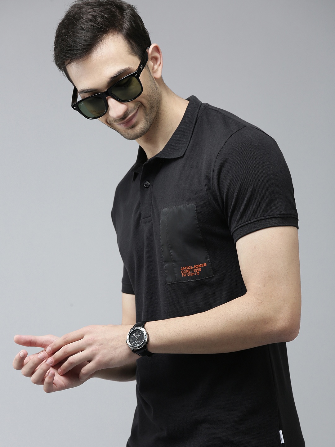

Jack Jones Men Black Solid Polo Collar Slim Fit Pure Cotton T-shirt with Applique Detail