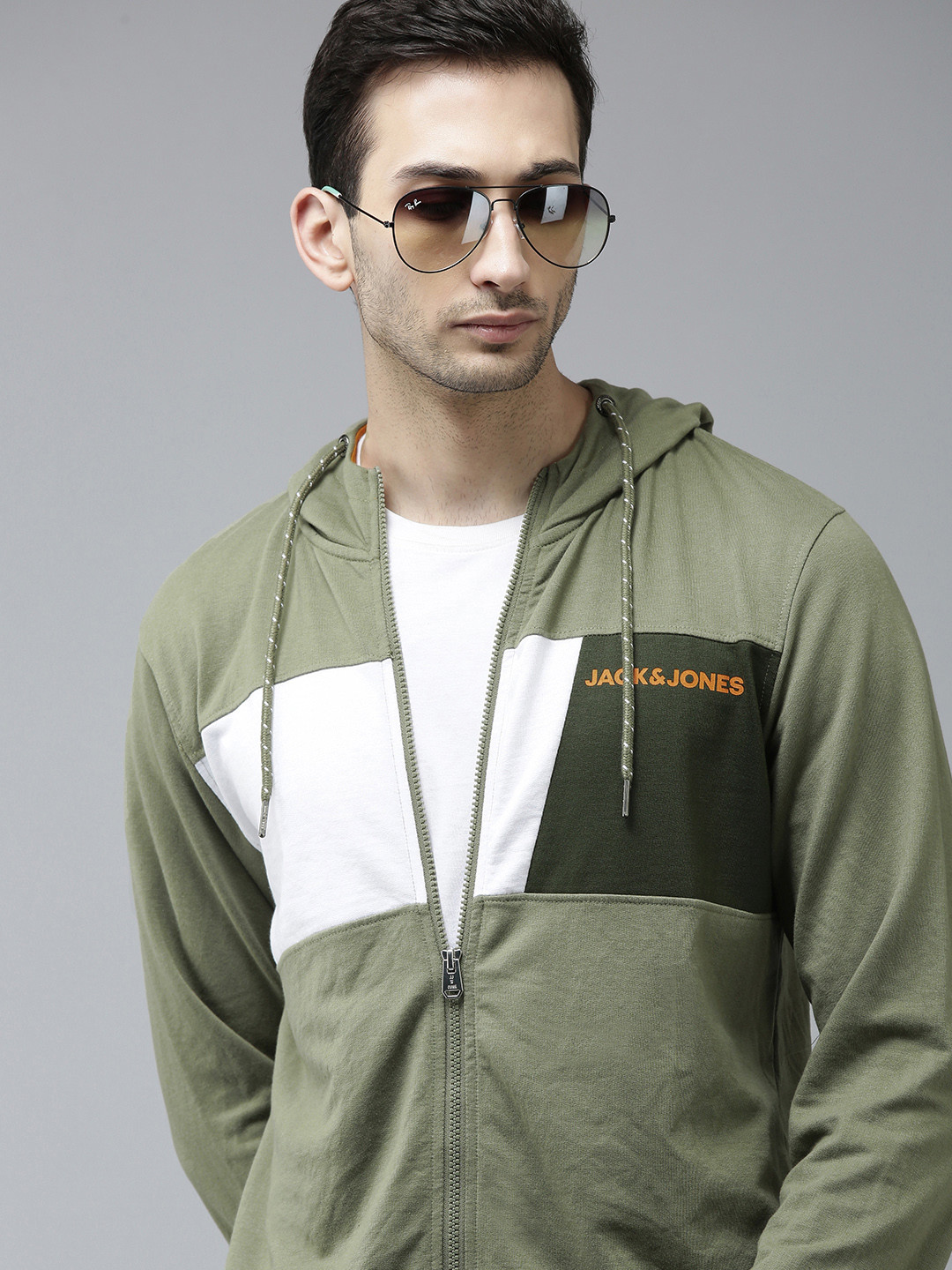 

Jack & Jones Men Olive Green & White Colourblocked Hooded Sweatshirt
