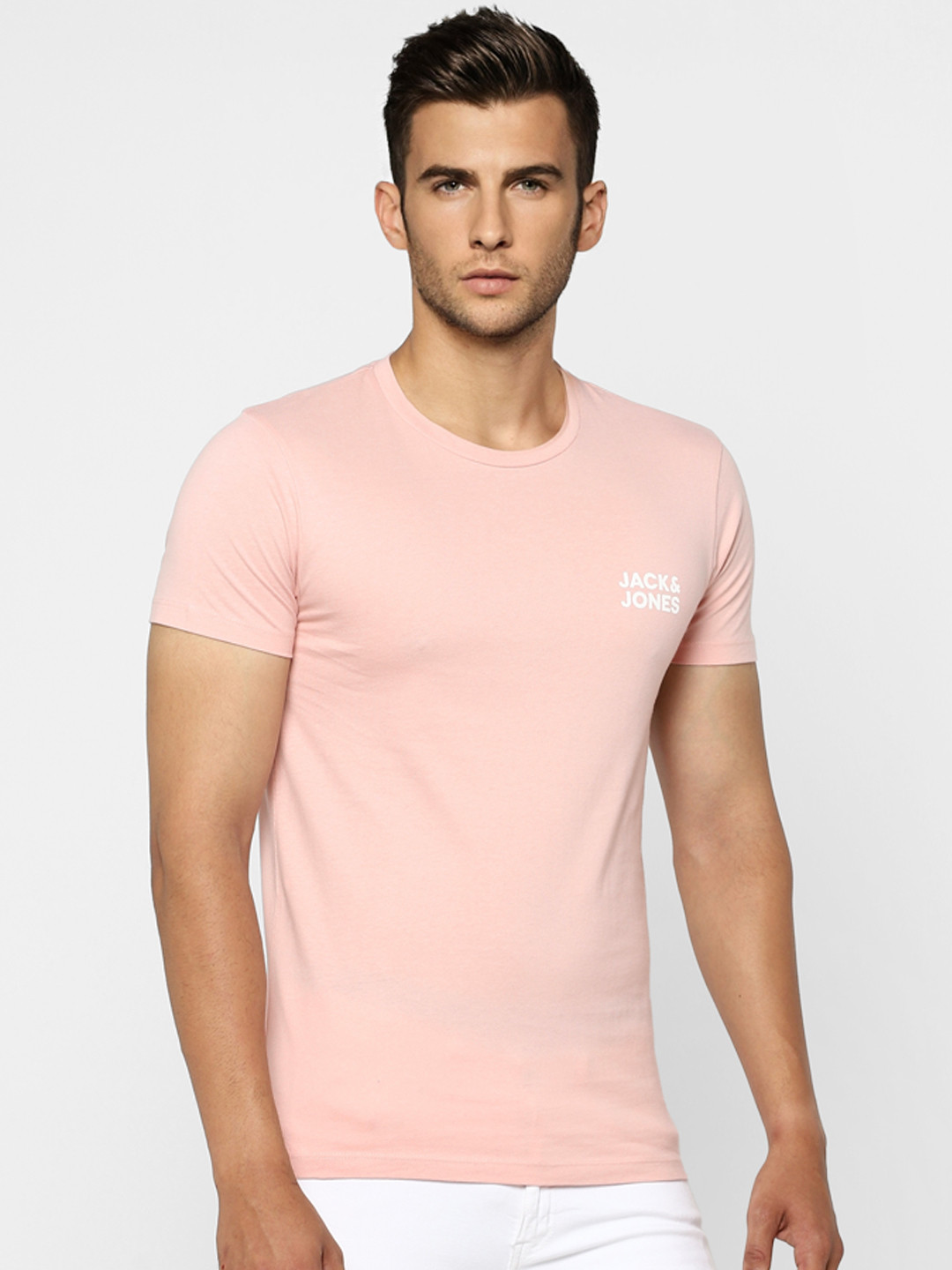 

Jack Jones Men Pink Brand Logo Printed Detail Pure Cotton T-shirt