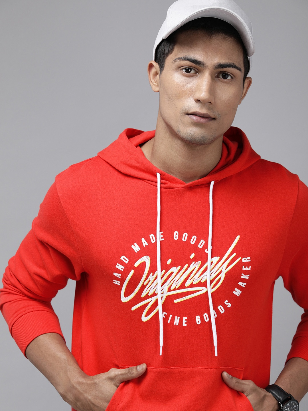 

Jack & Jones Men Red Solid Hooded Sweatshirt with Typography Print