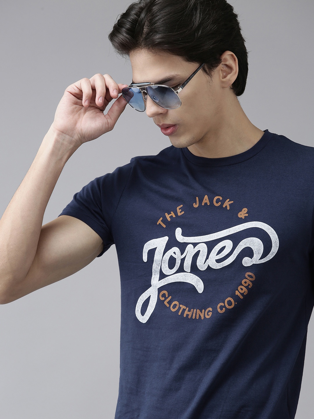 

Jack Jones Men Navy Blue Printed Slim Fit Pure Cotton T-shirt