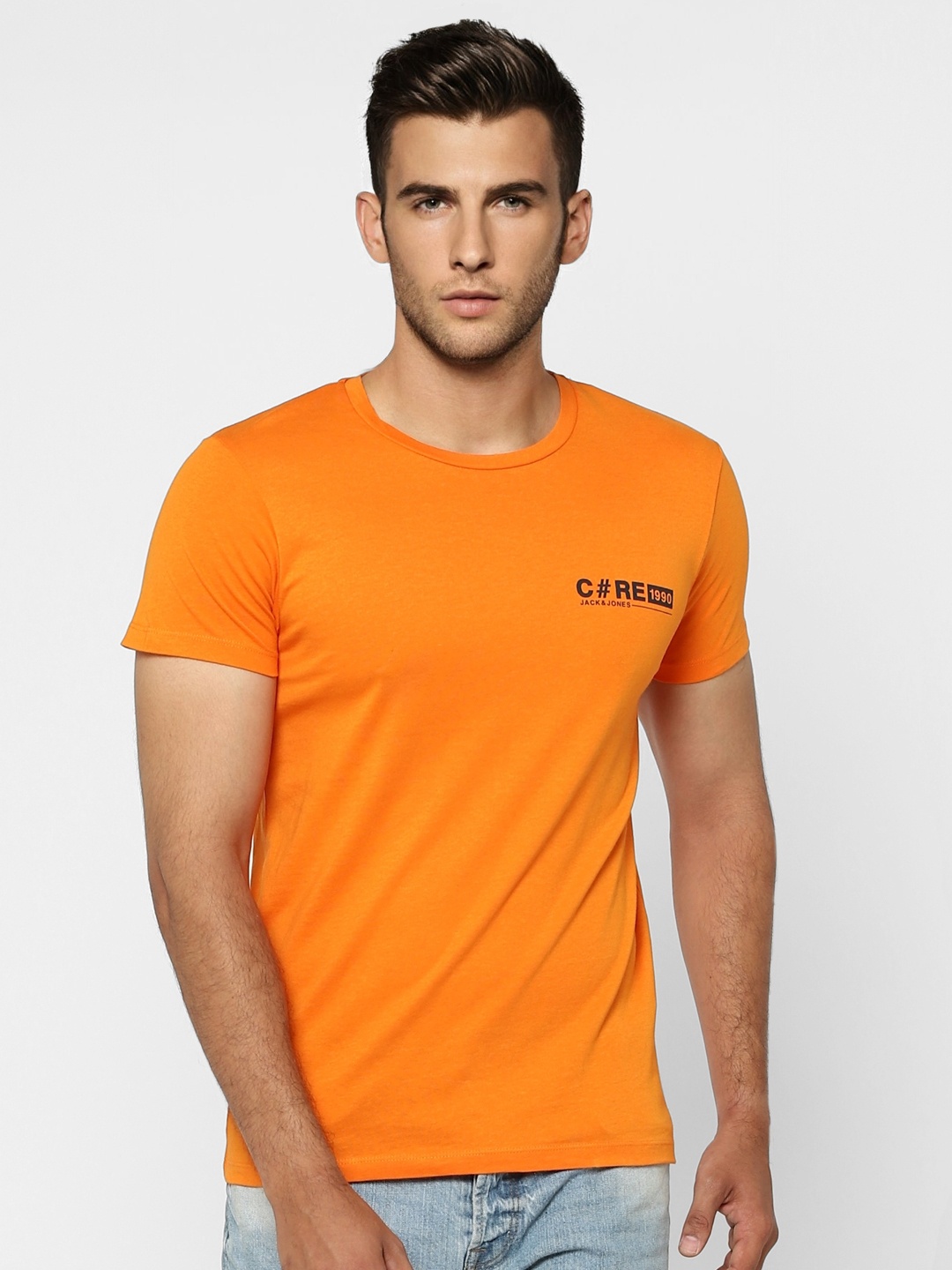 

Jack & Jones Men Orange Typography Printed Slim Fit T-shirt