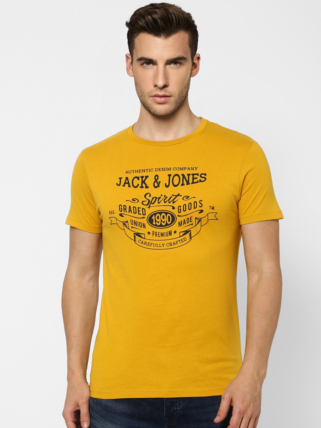 

Jack Jones Men Yellow Brand Logo Printed Slim Fit Pure Cotton T-shirt