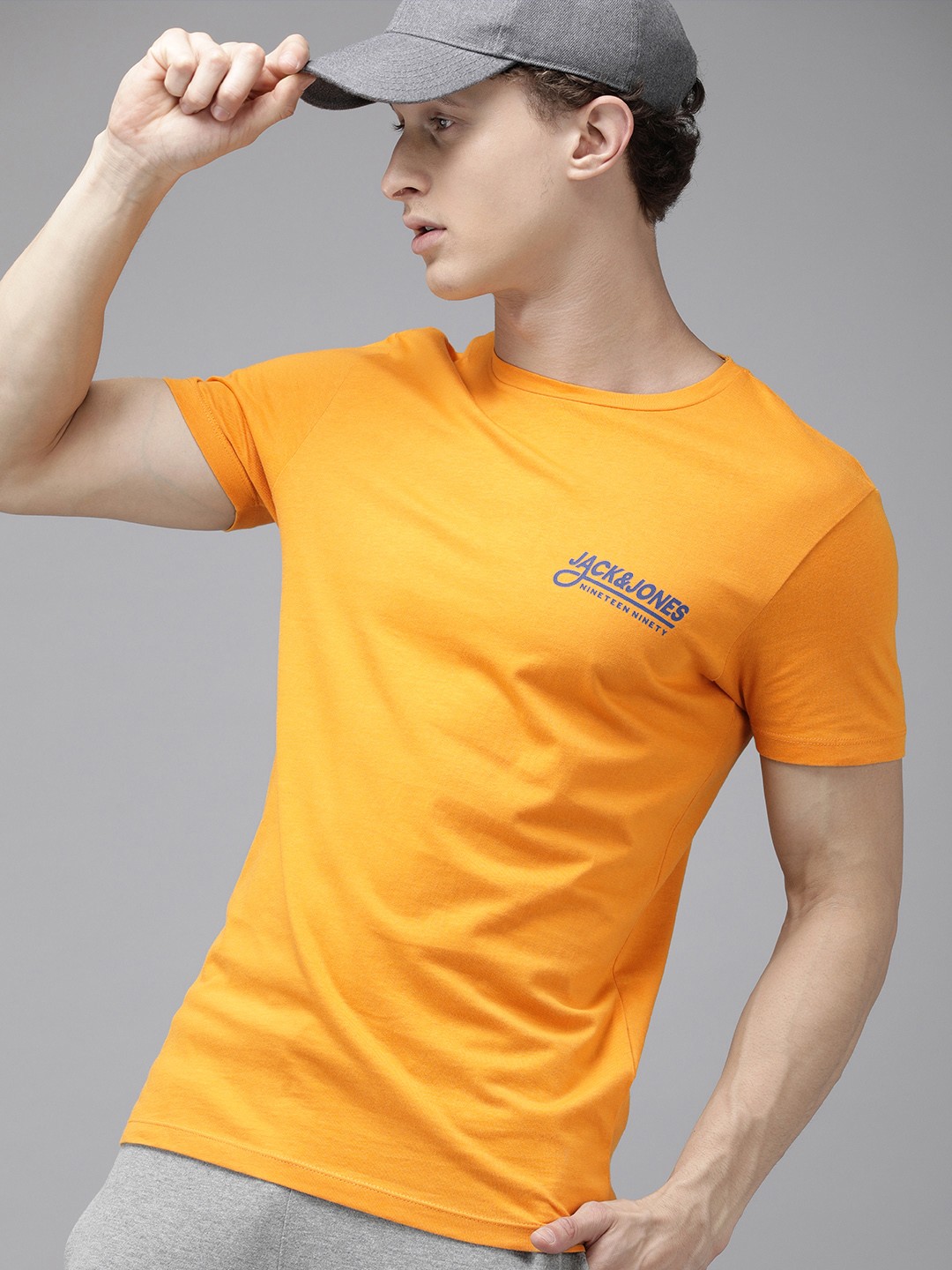 

Jack Jones Men Orange Typography Printed Slim Fit Pure Cotton T-shirt