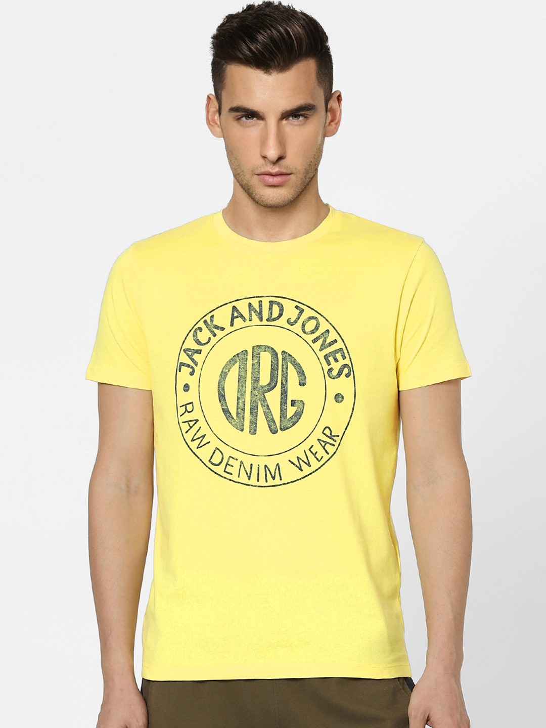 

Jack Jones Men Yellow Brand Logo Printed Pure Cotton T-shirt