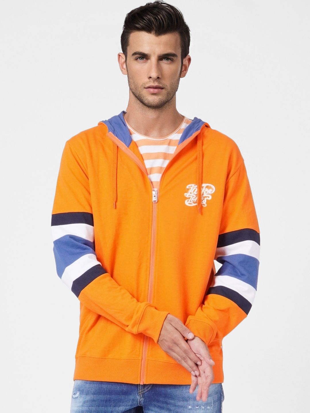 

Jack & Jones Men Orange & White Printed Hooded Sweatshirt