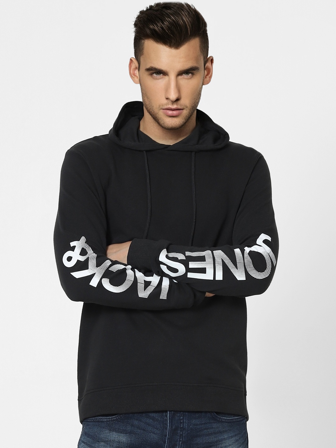 

Jack & Jones Men Black Hooded Printed Sleeves Hooded Sweatshirt