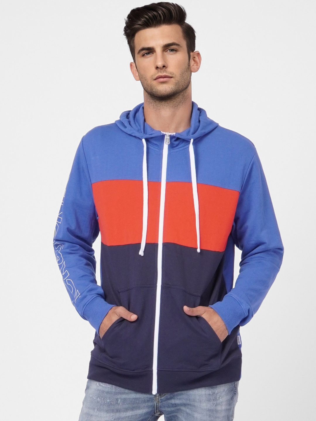 

Jack & Jones Men Blue Colourblocked Hooded Sweatshirt