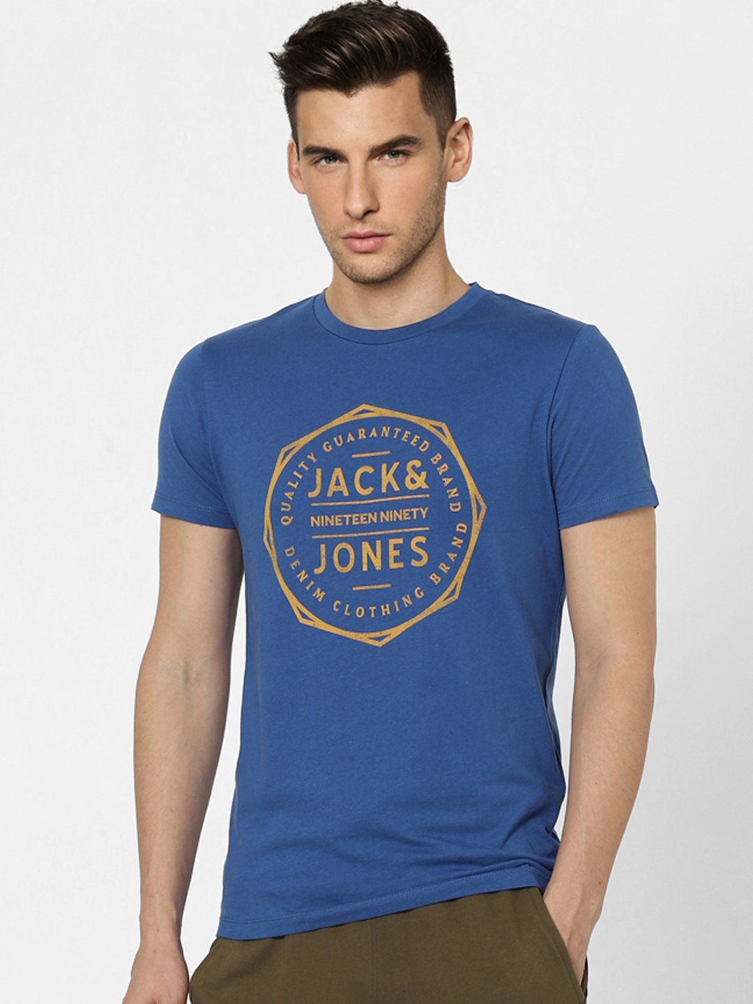 

Jack Jones Men Blue Brand Logo Printed Pure Cotton Slim Fit Pure Cotton T-shirt
