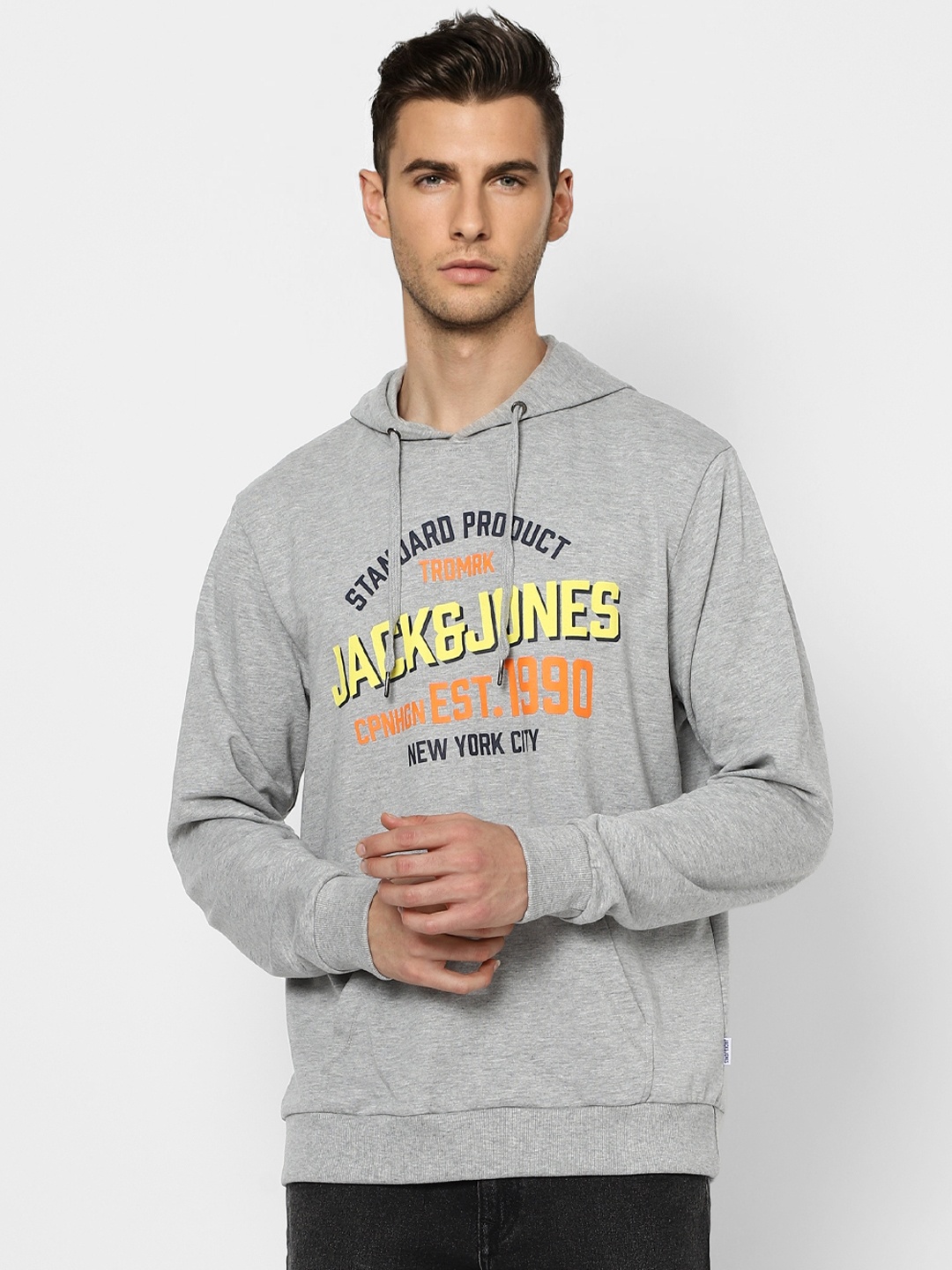 

Jack & Jones Men Grey & Orange Printed Hooded Sweatshirt