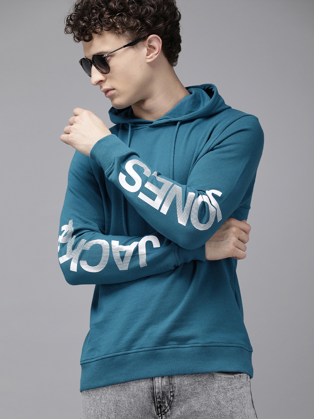 

Jack & Jones Men Teal Blue Printed Hooded Sweatshirt