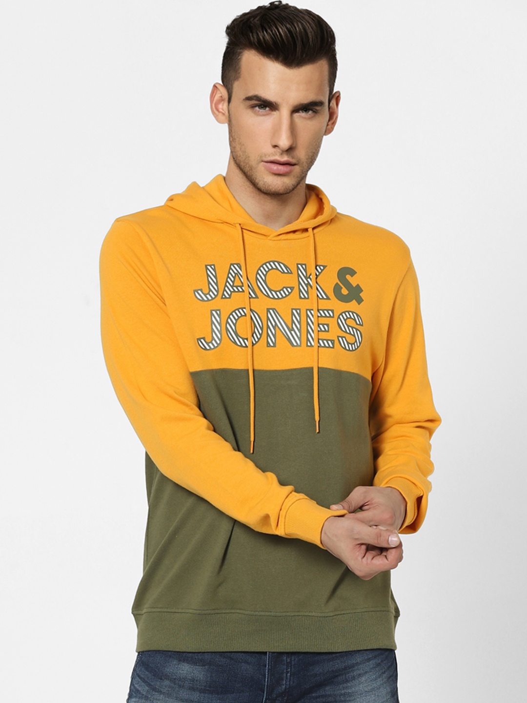 

Jack & Jones Men Mustard Yellow Colourblocked Hooded Sweatshirt With Printed Detailing