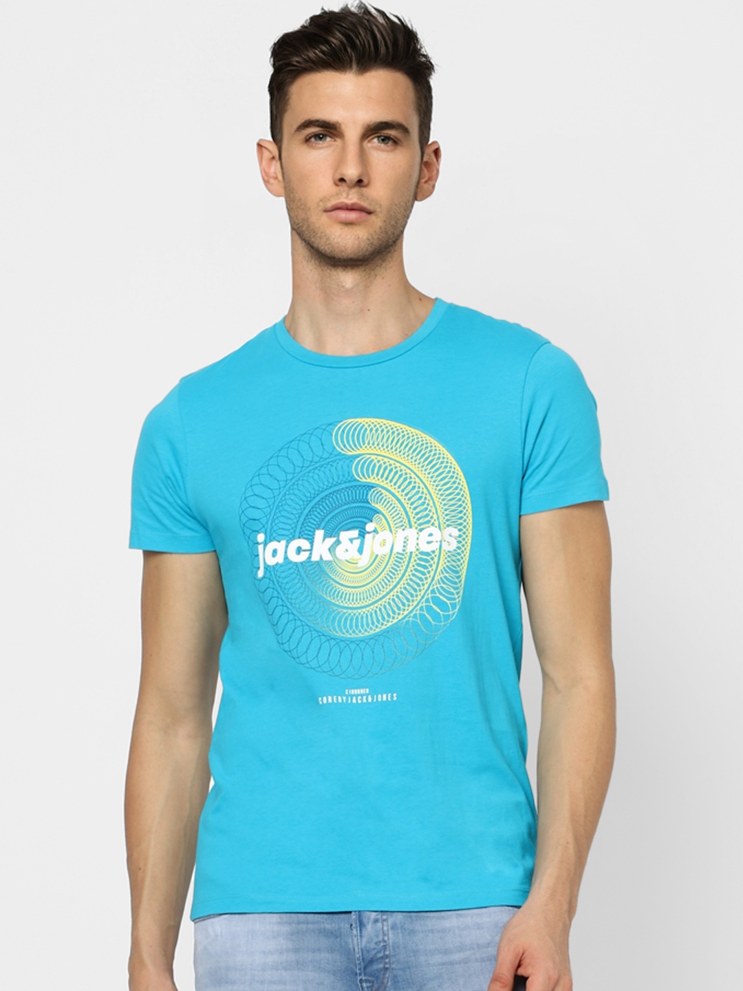 

Jack Jones Men Turquoise Blue Brand Logo Printed Slim Fit Pure Cotton T-shirt
