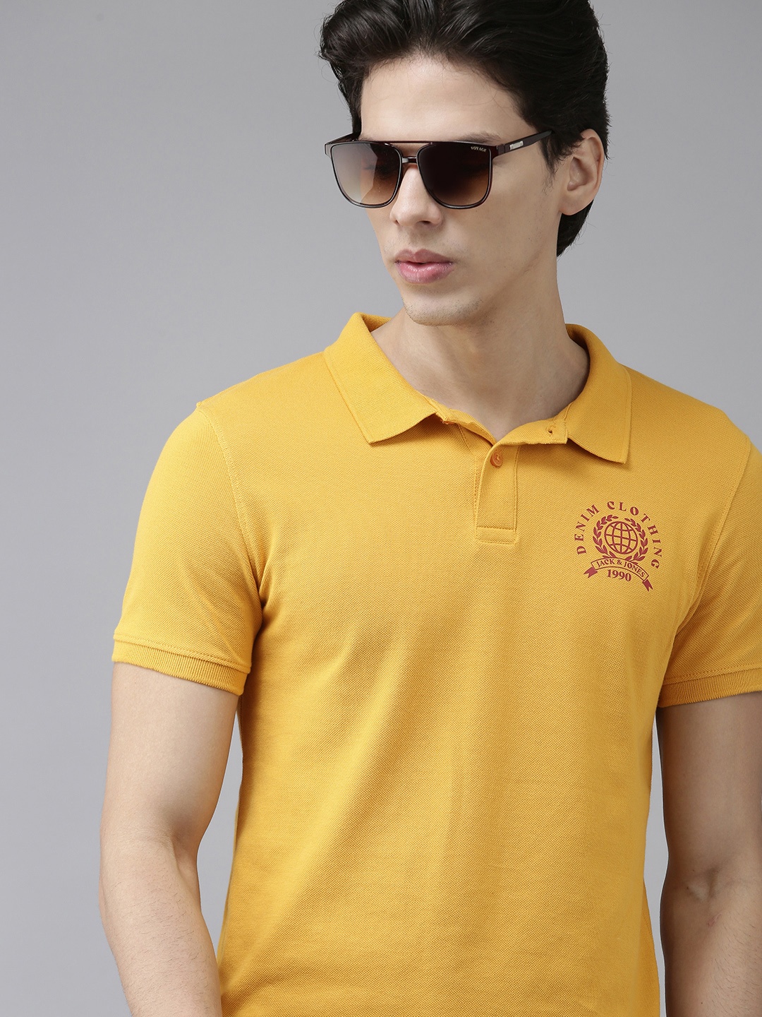 

Jack Jones Men Mustard Yellow Printed Polo Collar Slim Fit Pure Cotton T-shirt