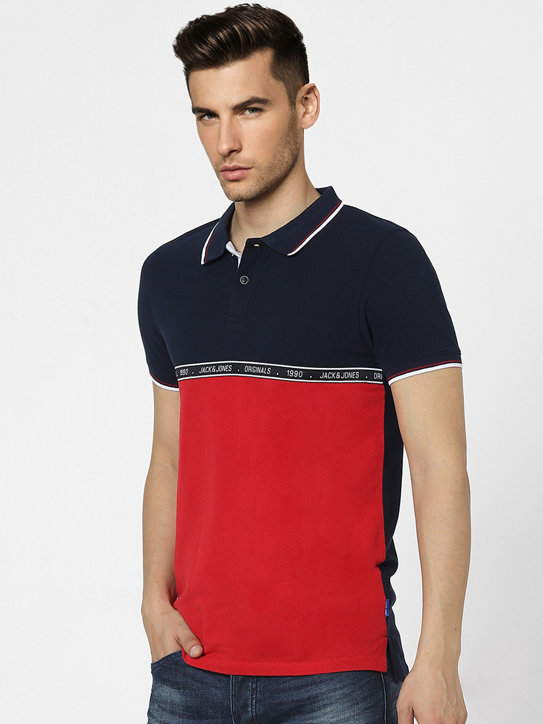 

Jack Jones Men Navy Blue Red Colourblocked Polo Collar Pure Cotton Slim Fit Pure Cotton T-shirt