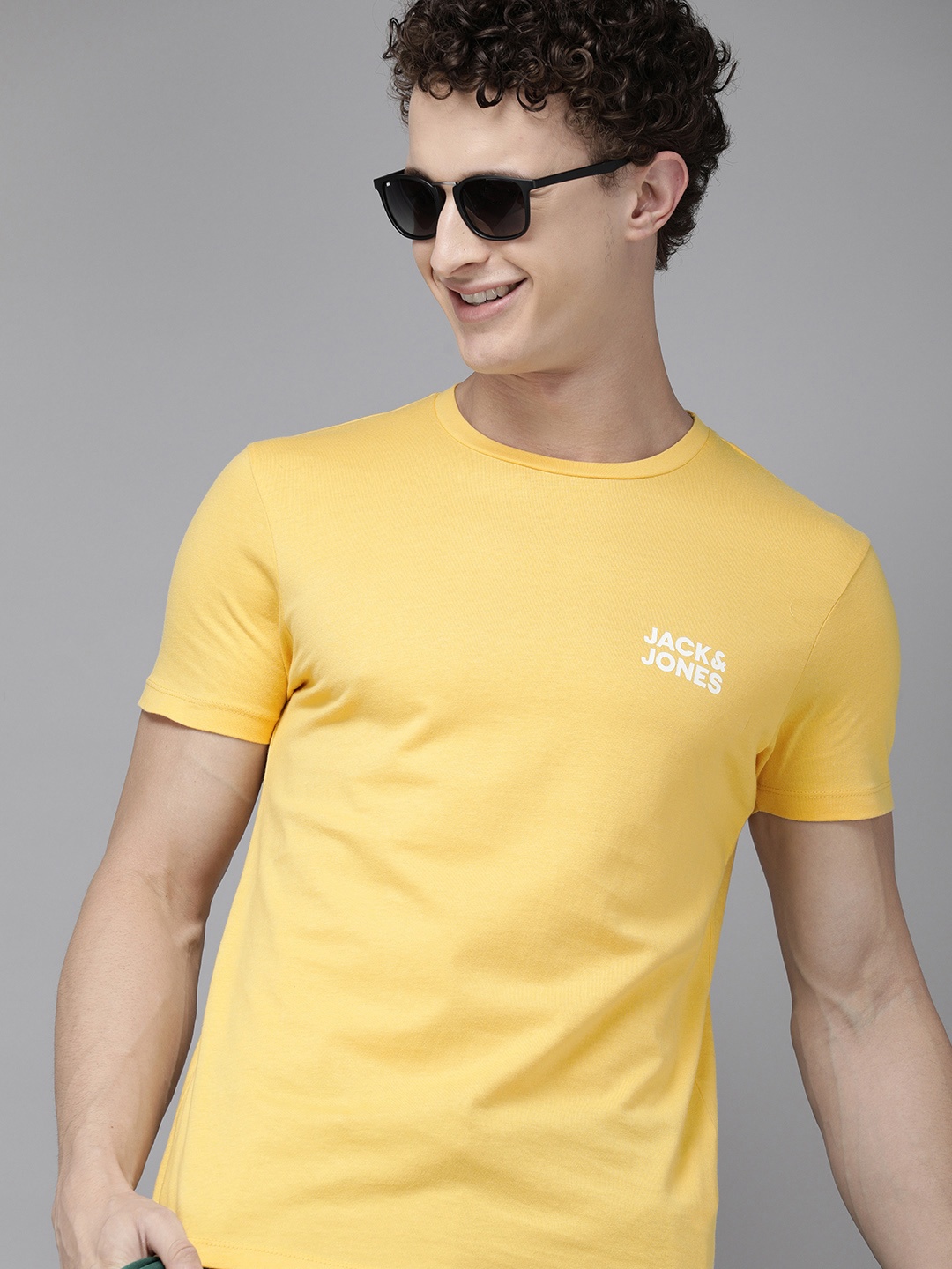 

Jack Jones Men Yellow Typography Printed Slim Fit Pure Cotton T-shirt