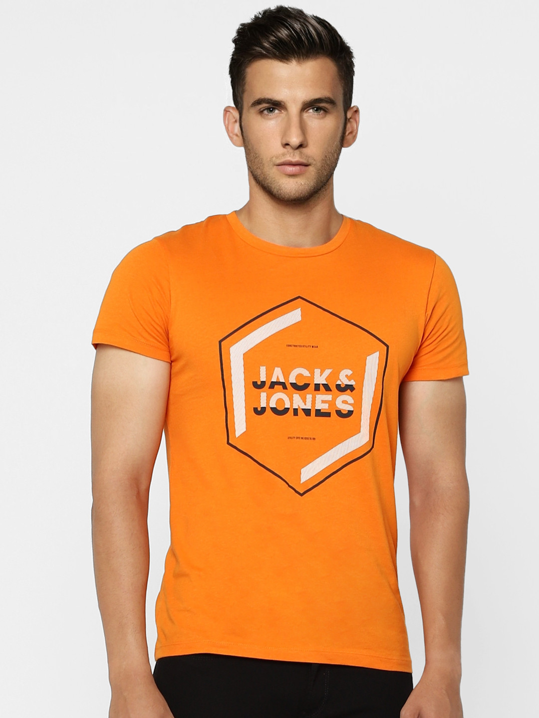 

Jack & Jones Men Orange Brand Logo Printed Slim Fit T-shirt
